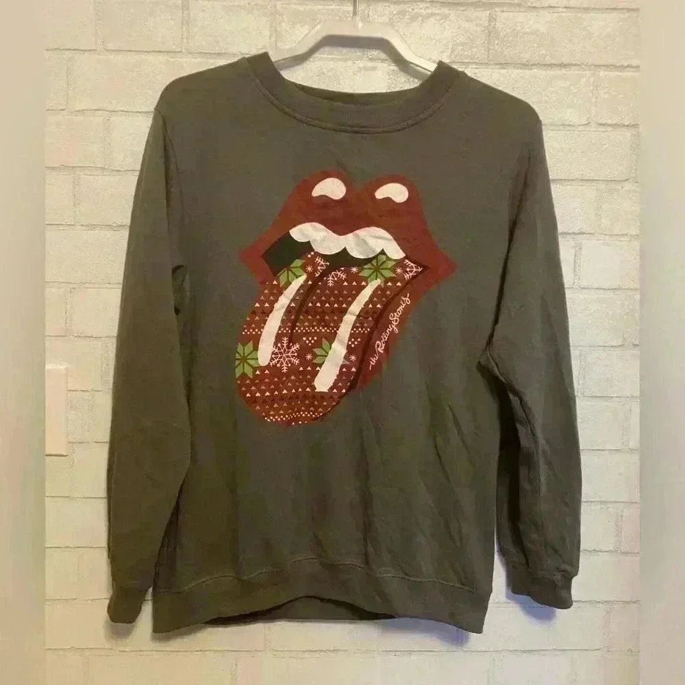 Rolling Stones Large Women's Sweatshirt Gray Tongue Flowers Holiday Themed